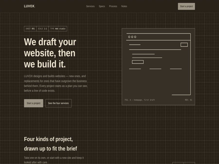 Screenshot of the Blueprint edition, a navy homepage drawn like an architectural drawing