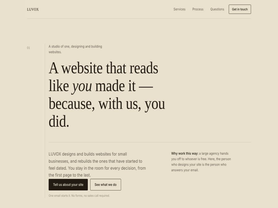 Screenshot of the Editorial edition, a calm white homepage with serif type